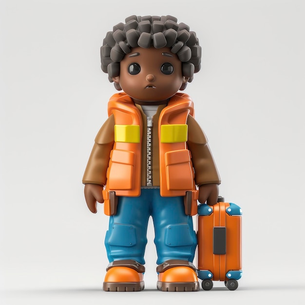 African American Boy Depicted In 3D With A Safety Vest And Suitcase