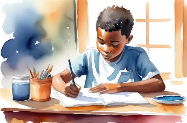 African American boy doing homework at table watercolor illustration childrens education