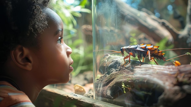 Photo african american boy studying a big cockroach in a terrarium child observing insect up close concept of early science education childhood curiosity nature study