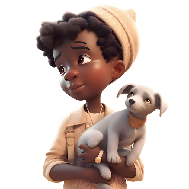 African American boy with a dog3D rendering isolated on white background