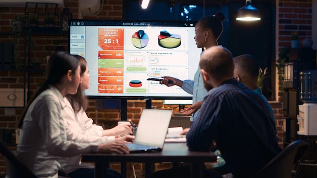 African american business coach giving analytics report presentation in meeting, showing marketing statistics data on digital board screen. Office workers planning strategy in boardroom