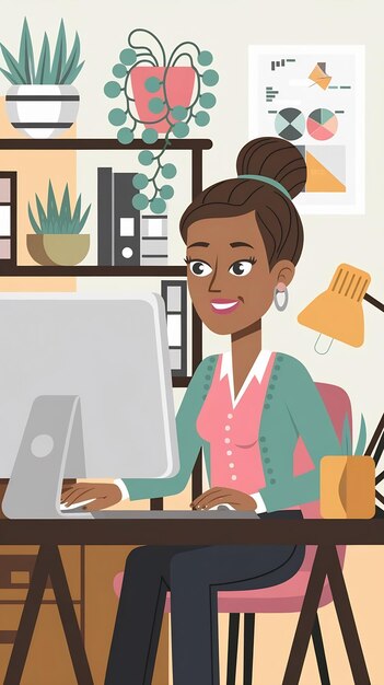 Photo african american business woman working on computer at the desk cute cozy home workplace cartoon