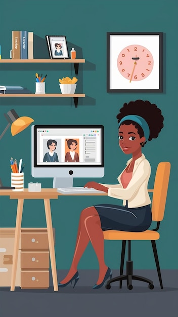 African American business woman working on computer at the desk cute cozy home workplace cartoon