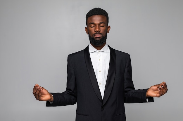 African American businessman open palms hands