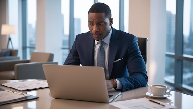 African American businessman in a suit sits at a desk with a laptop and a pen and paper on it