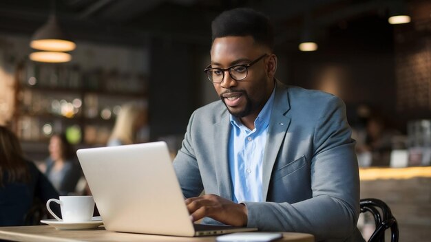 African american businessman using a laptop in a cafe