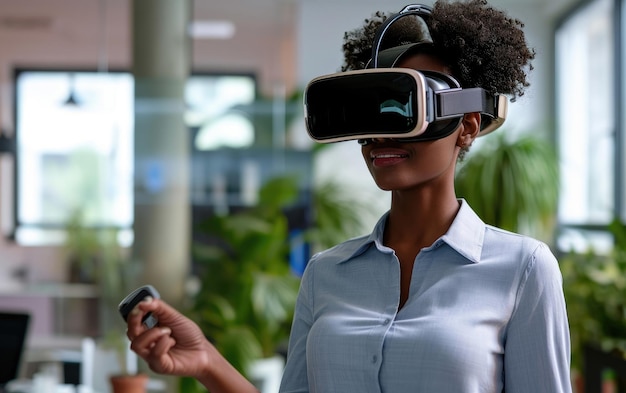 African American businesswoman uses VR headset in office