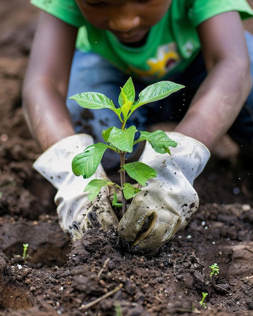 African American child planting a plant