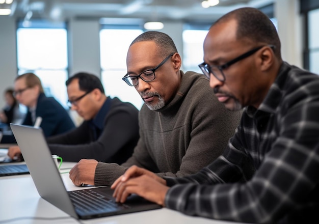 African American colleagues discussing work on laptop in open office Implement tasks Ai generated