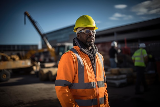 African american construction worker in hard hat in factory created using generative ai technology