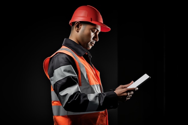 African American construction worker in helmet using digital tablet isolated on black Side view