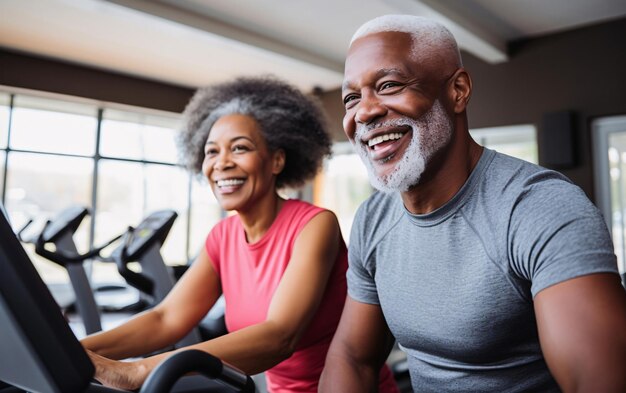 African American Couple of Elderly Seniors Workout in Gym Wellness in Retirement