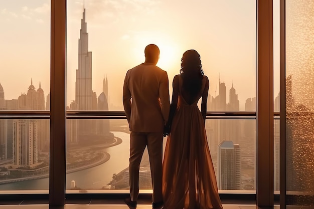 African american couple enjoying Dubai skyline Generative AI