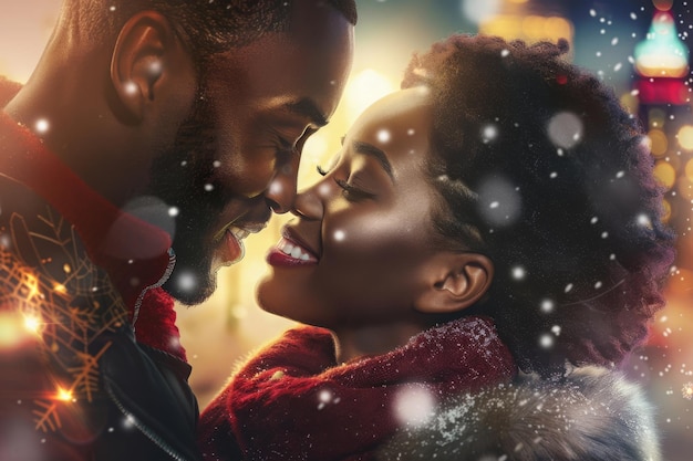 Photo african american couple in love christmas city night concept of romantic winter