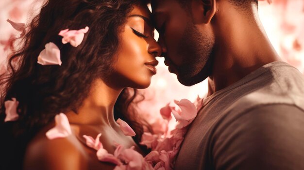 African American Couple in tender embrace surrounded by falling pink rose petals Romantic moment Ideal as postcard for Valentines Day wedding love story themes Concept of passion and tenderness