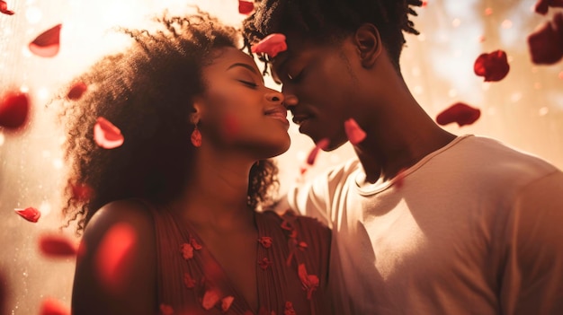 Photo african american couple in tender embrace surrounded by falling red rose petals romantic moment ideal as postcard for valentines day wedding love story theme concept of passion and tenderness