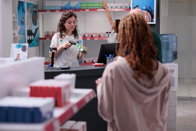 African american customer shopping at drugstore, buying pharmaceutical products needed healthcare medication to cure illness. Pharmacy shelves full with supplements, vitamin, medicament