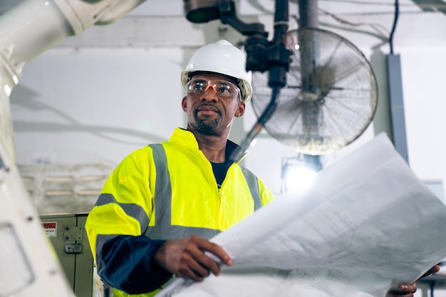 African American factory worker working with adept robotic arm