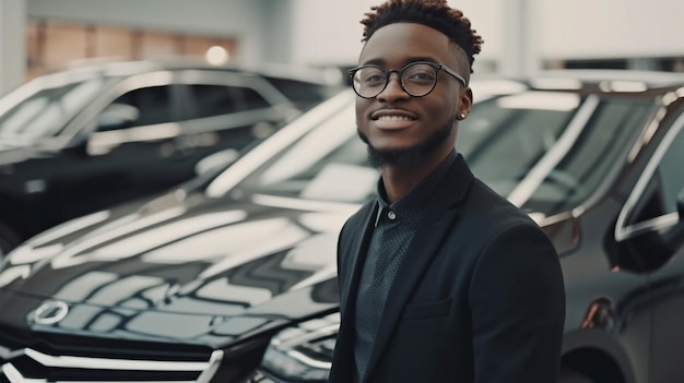 African American family choosing luxury vehicles at car dealership with the help of a happy young salesman and Generative AI