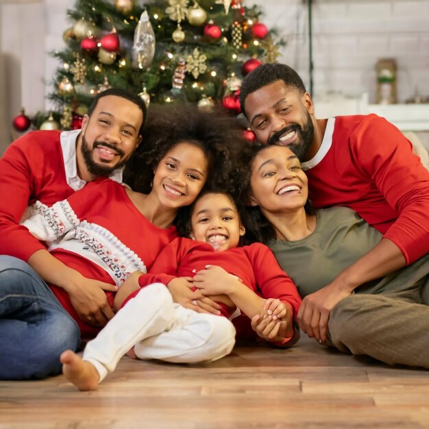 African American family in Christmas theme Happy family has fun sitting together on the sofa