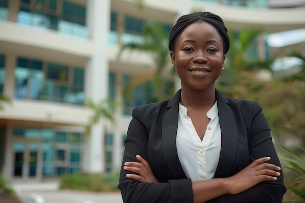 African American female CEO standing in front of company