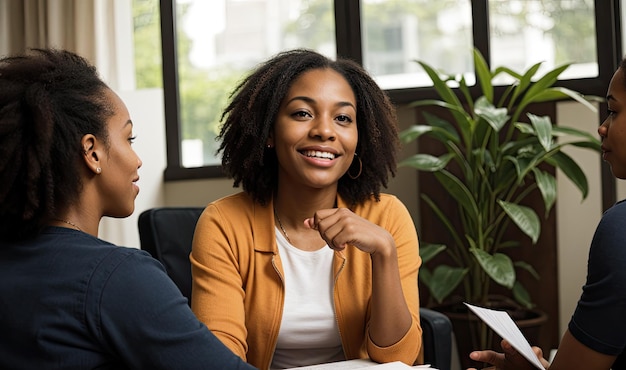 African American female counselor demonstrating empathy highlighting importance of mental health support and therapeutic communication Therapy group listens attentively Generative AI