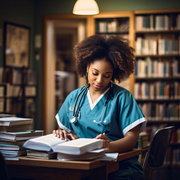 African american female doctor working in the library Medicine and healthcare concept