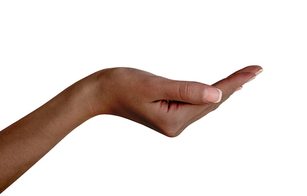 African american female hand on white isolated background, protection and support concept