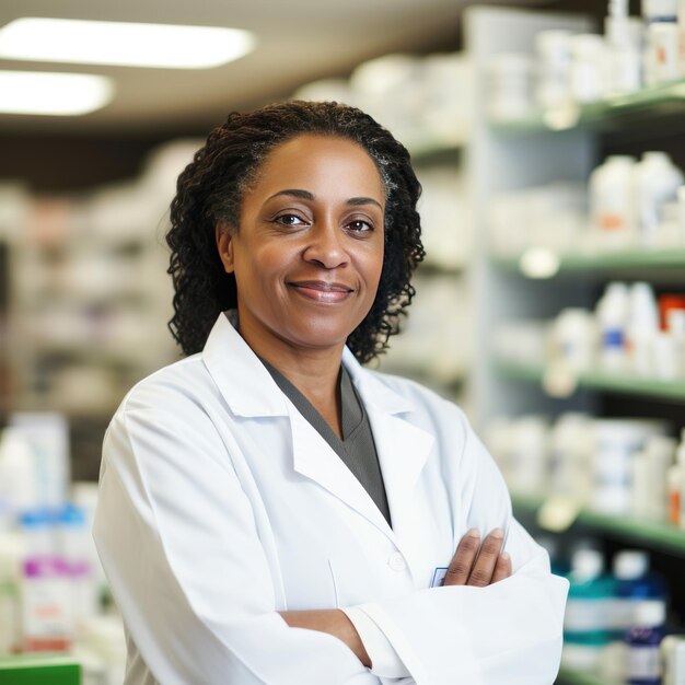 African american female pharmacist stands in medical robe smiling in pharmacy shop full of medicines