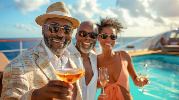 African American Friends are Enjoying Cocktails Next to the Swimming Pool on a Luxury Cruise Ship