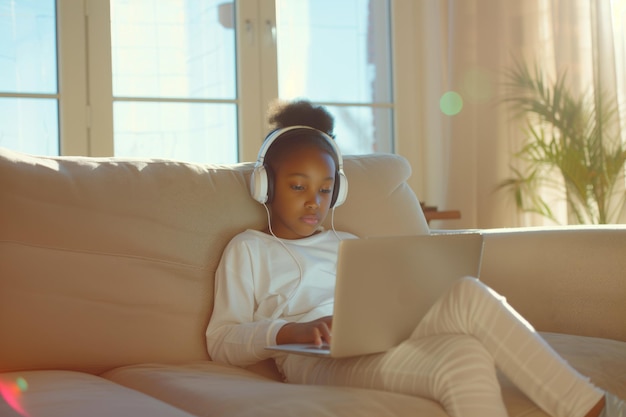 African American girl in headphones remotely learning with laptop