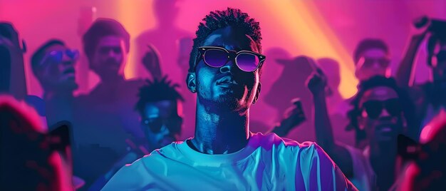 An African American individual wearing sunglasses dances to electronic music on a crowded nightclub dancefloor Concept Nightclub Scene Electronic Music Dancing Sunglasses