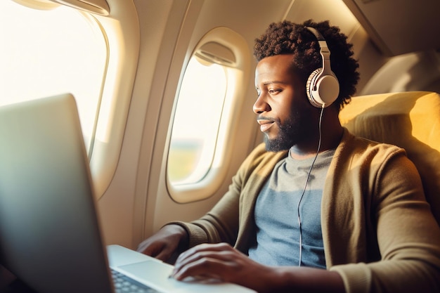 African American IT specialist working at a computer on an airplane during air travel