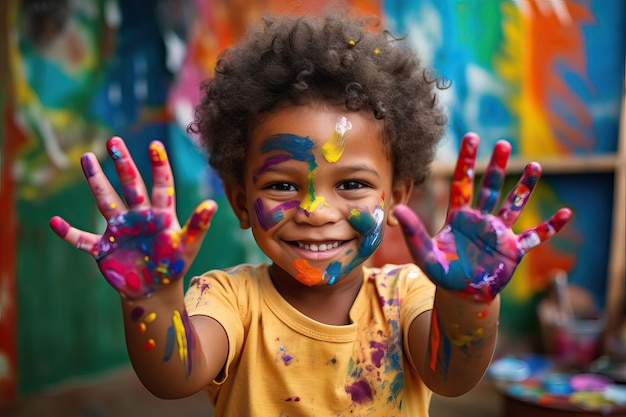 African american little child showing hands with paintwall with paintings Street art