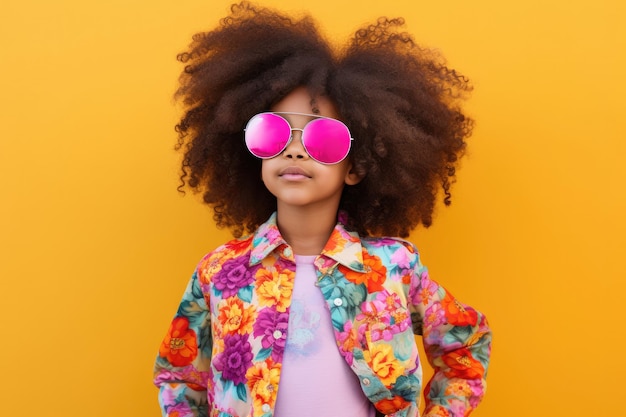 African american little girl with afro hairstyle and sunglasses on yellow background