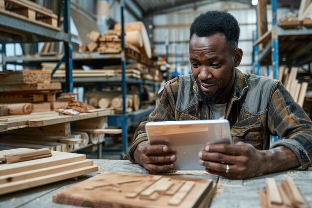 African American male carpenter showcasing work online via tablet