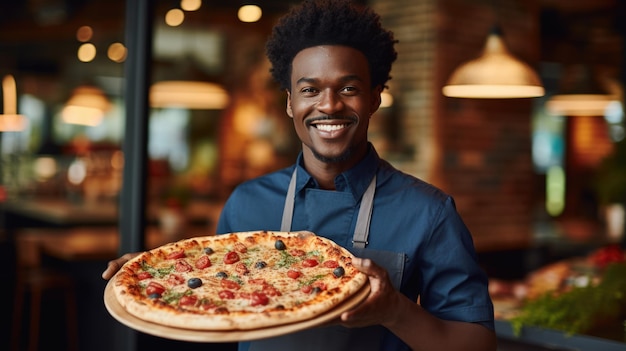 An African American male chef holds a finished pizza from the oven