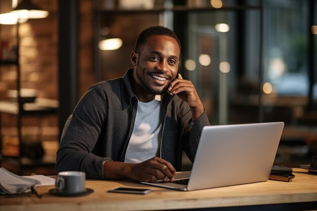 African American male entrepreneur talking over mobile phone and looking at camera while working over laptop at home