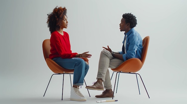 African american man and caucasian woman sitting on chairs and talking Generative AI illustrations