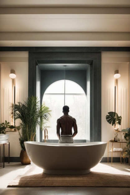 An African American man looks out of the window of a large bathroom rear view