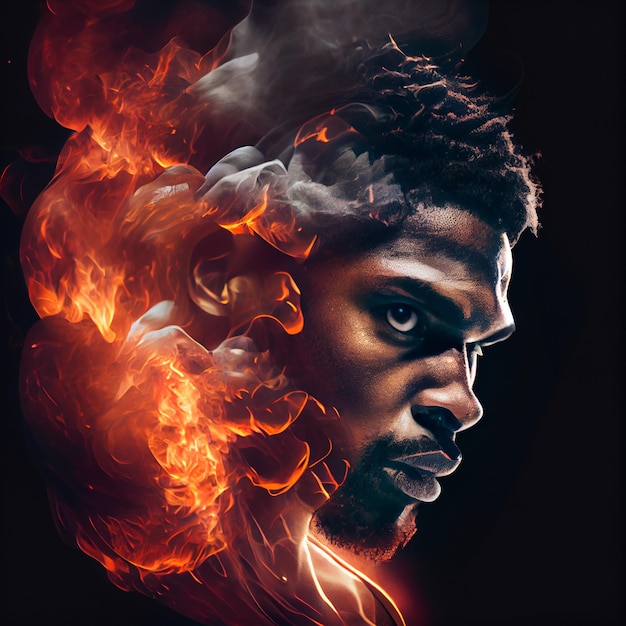 African American man portrait on fire epic avatar 3d render illustration