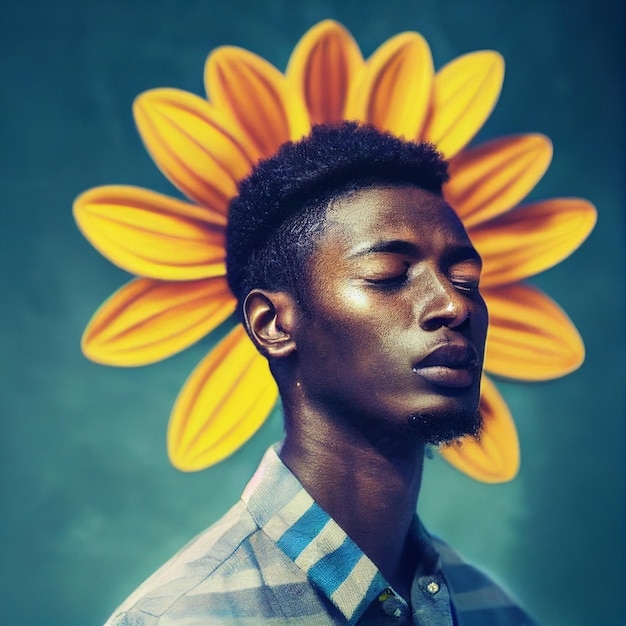 African American man portrait with closed eyes and flowers in background 3d rendering