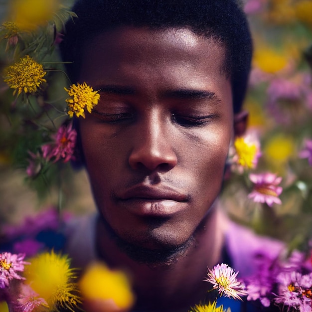 African American man portrait with closed eyes and flowers in background 3d rendering