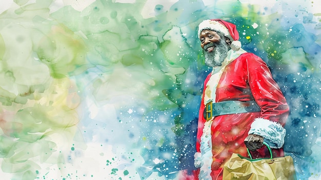 Photo african american man in santa claus costume with gift bag on a watercolor background concept of holiday season christmas spirit festive cheer winter celebration copy space