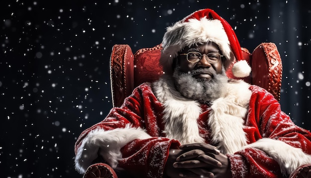 African american man in Santa Claus suit looking and attentively listens to your wish sitting