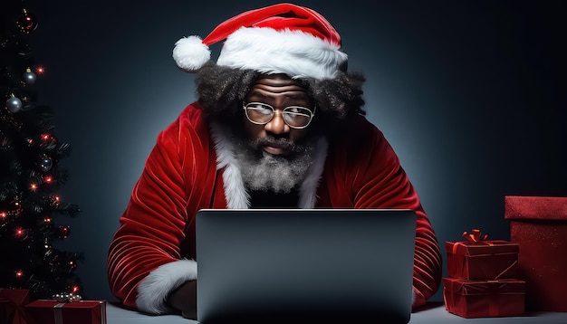 African american man in Santa Claus suit looking laptop and attentively listens to your wish