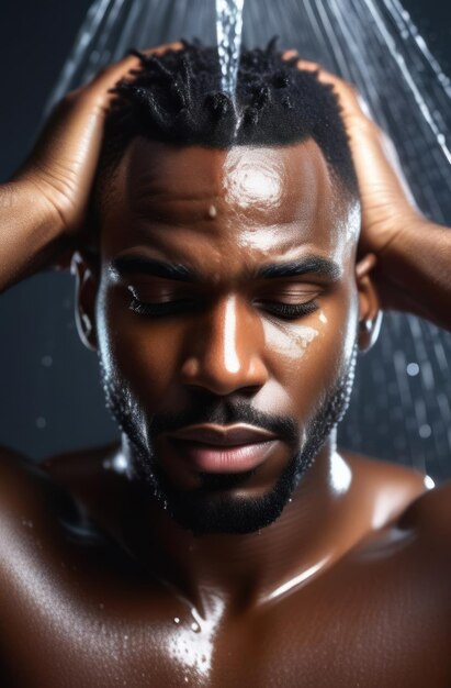 African American man standing at the shower Guy washes himself and does selfmassage Mens self care