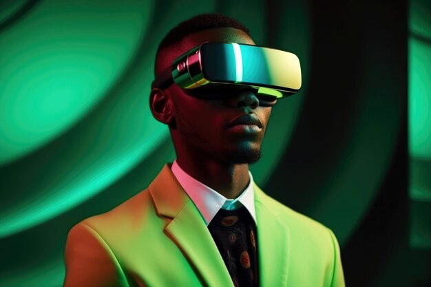 African american man in virtual reality headset Future technology concept