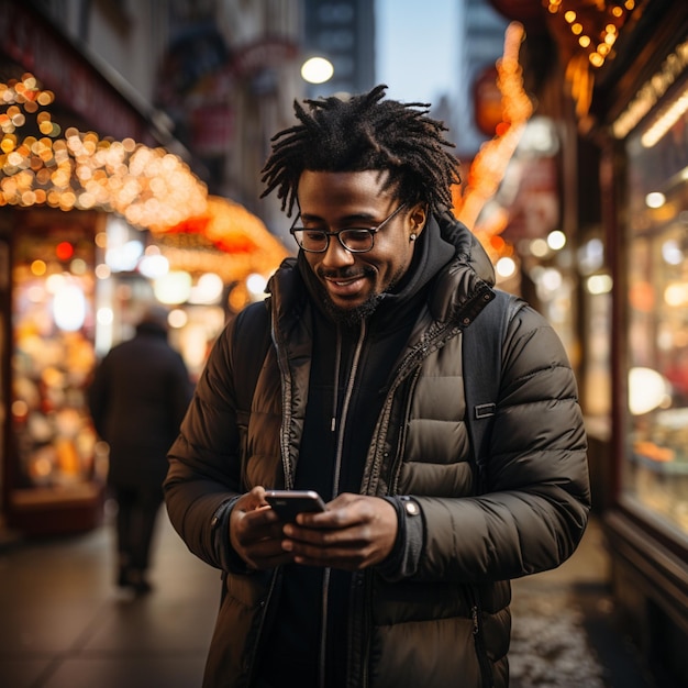 An African American man walks through the city engrossed in his smartphone captured in a candid