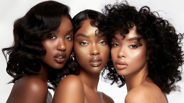 African American models flawless glamor makeup with black and gold shades